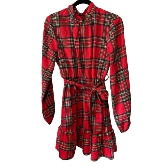 Cupshe Stand Collar Belted Ruffle Frill Plaid Gingham Check Dress Open Tie Back - Picture 5 of 11